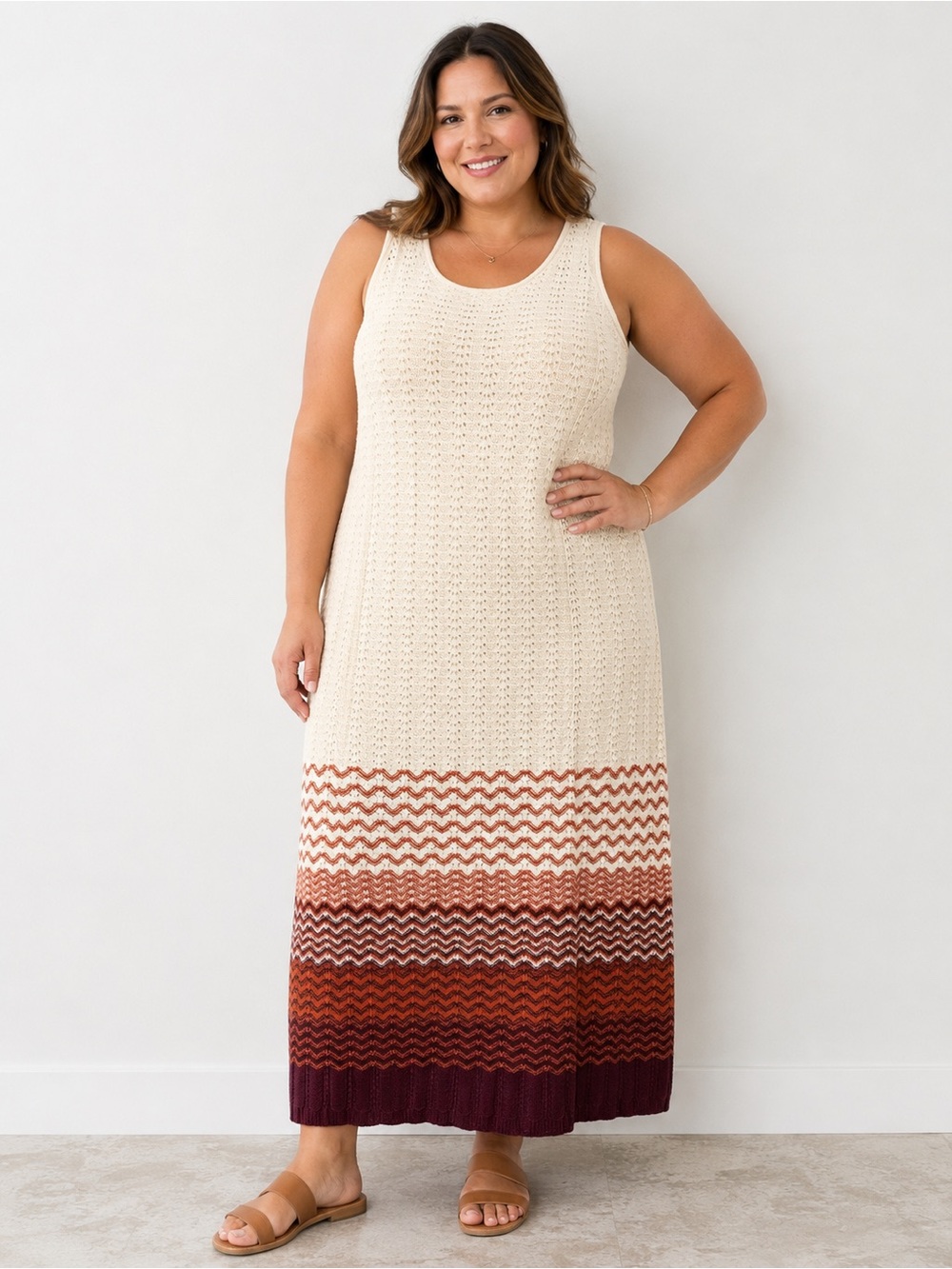 Soft crochet knit‎ cotton blend Sleeveless Maxi Dress with Ombré Wave Hem XL